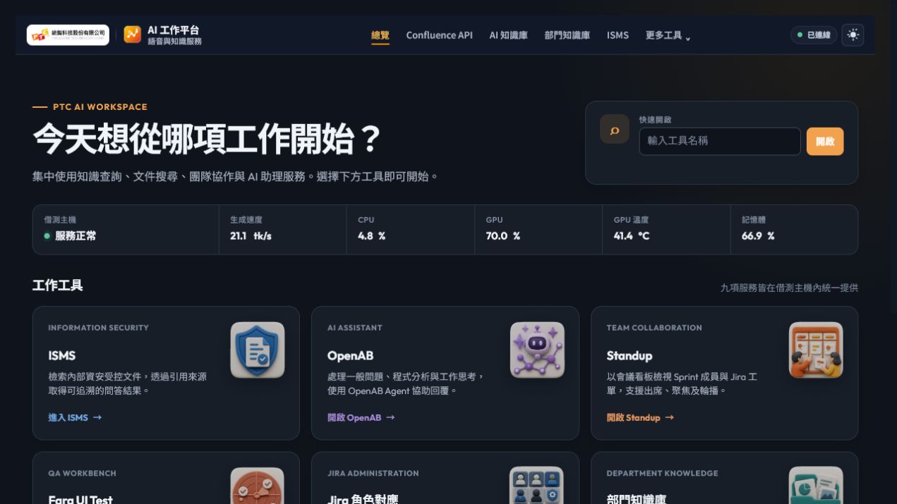 新版企業 AI 工作平台首頁與工作工具入口